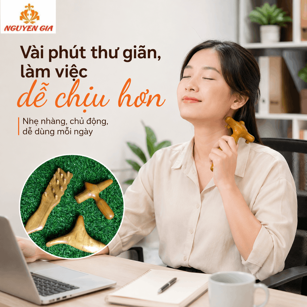 Bộ 3 Dụng Cụ Massage Cổ Vai Gáy Gỗ Bách Xanh - Gọn Cho Người Ngồi Làm Việc Lâu