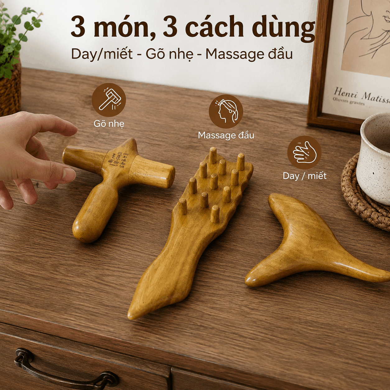 Bộ 3 Dụng Cụ Massage Cổ Vai Gáy Gỗ Bách Xanh - Gọn Cho Người Ngồi Làm Việc Lâu