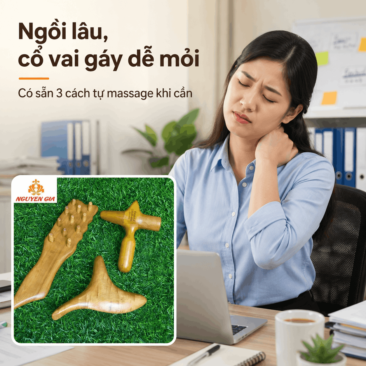 Bộ 3 Dụng Cụ Massage Cổ Vai Gáy Gỗ Bách Xanh - Gọn Cho Người Ngồi Làm Việc Lâu