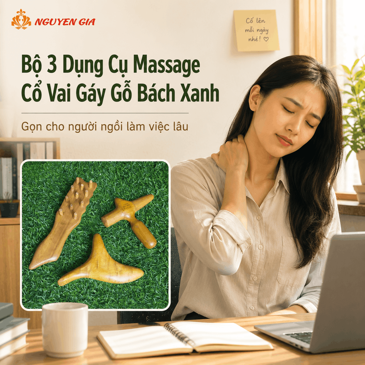 Bộ 3 Dụng Cụ Massage Cổ Vai Gáy Gỗ Bách Xanh - Gọn Cho Người Ngồi Làm Việc Lâu