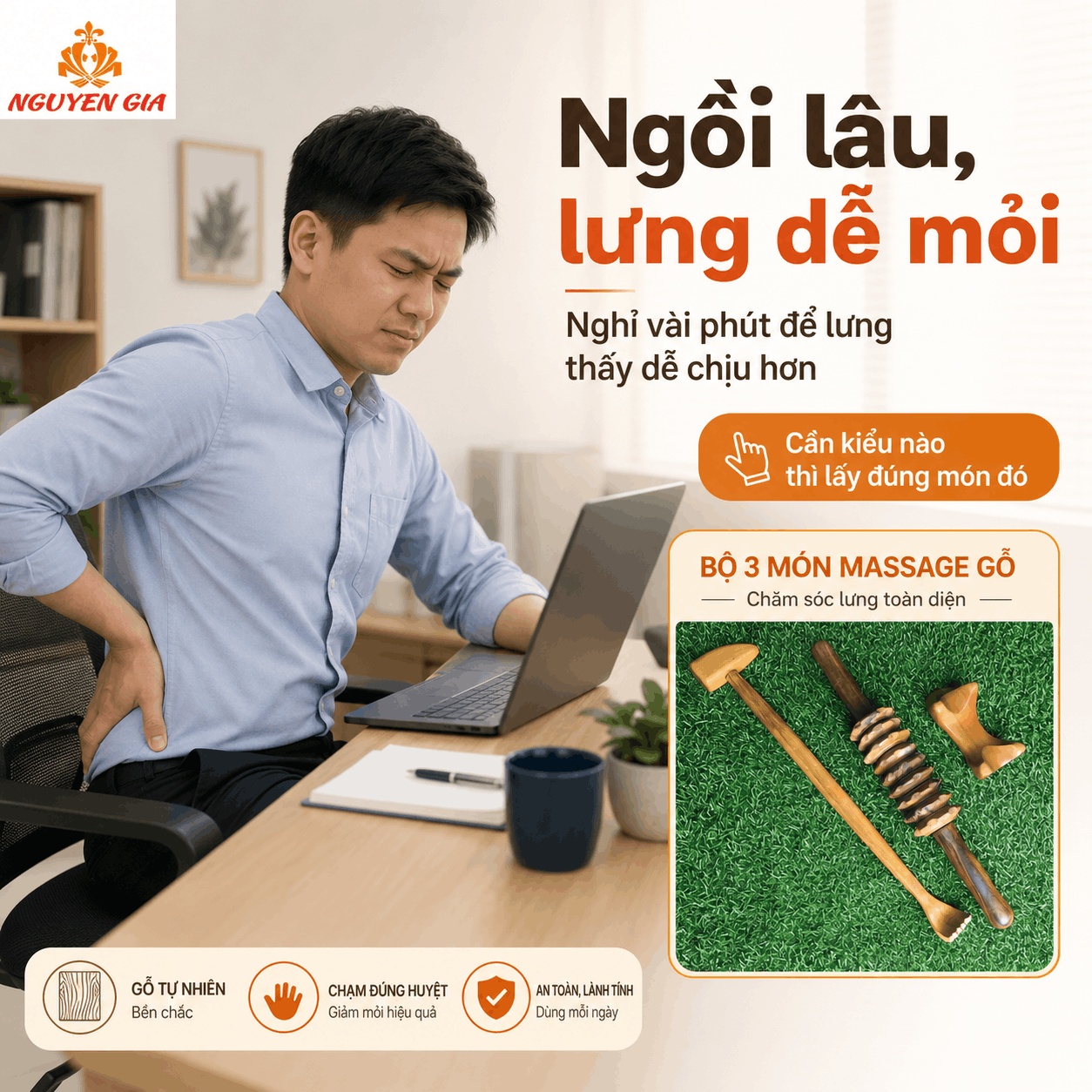 Bộ 3 Dụng Cụ Massage Lưng Gỗ Bách Xanh - Dễ Thao Tác Nhiều Vị Trí Sau Lưng
