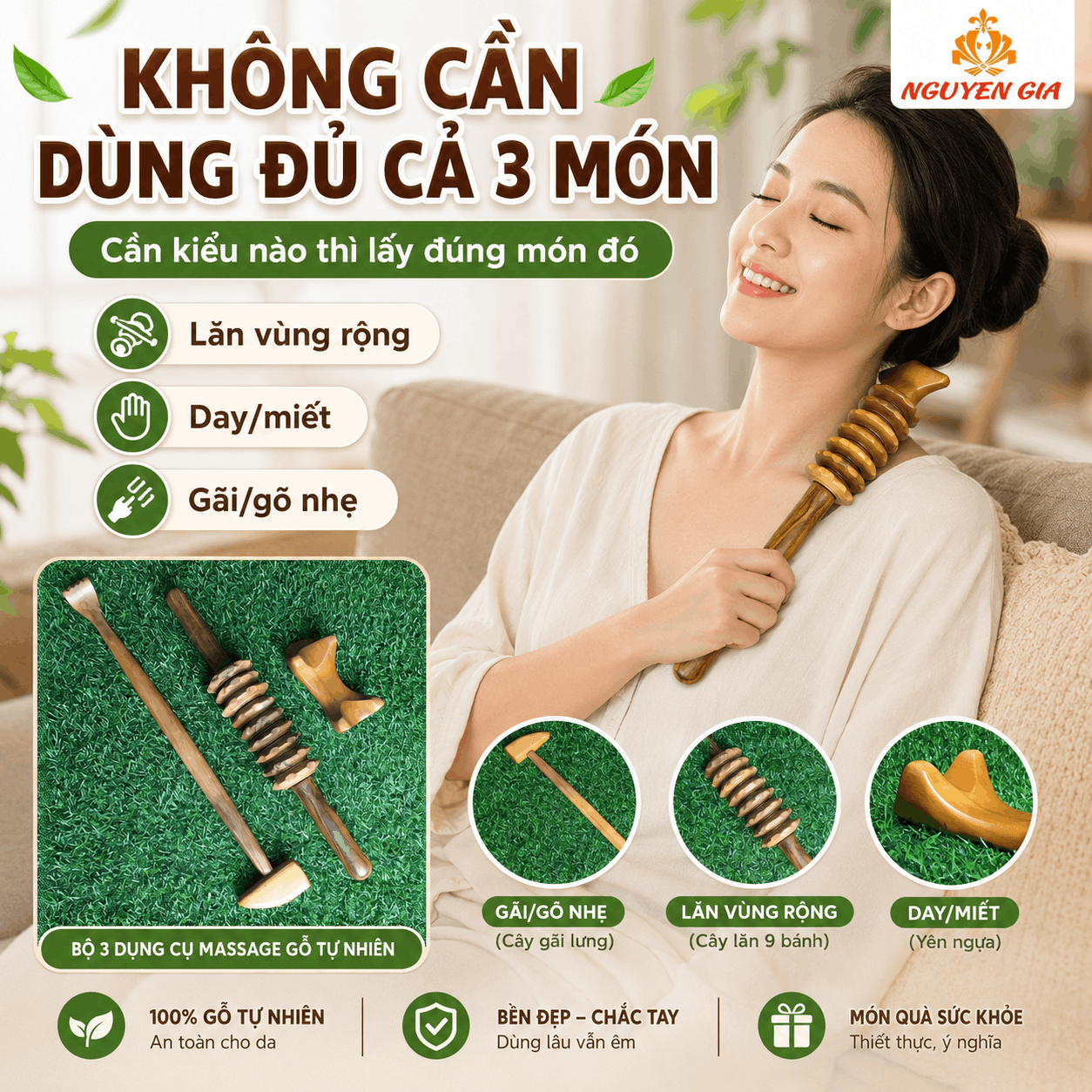 Bộ 3 Dụng Cụ Massage Lưng Gỗ Bách Xanh - Dễ Thao Tác Nhiều Vị Trí Sau Lưng