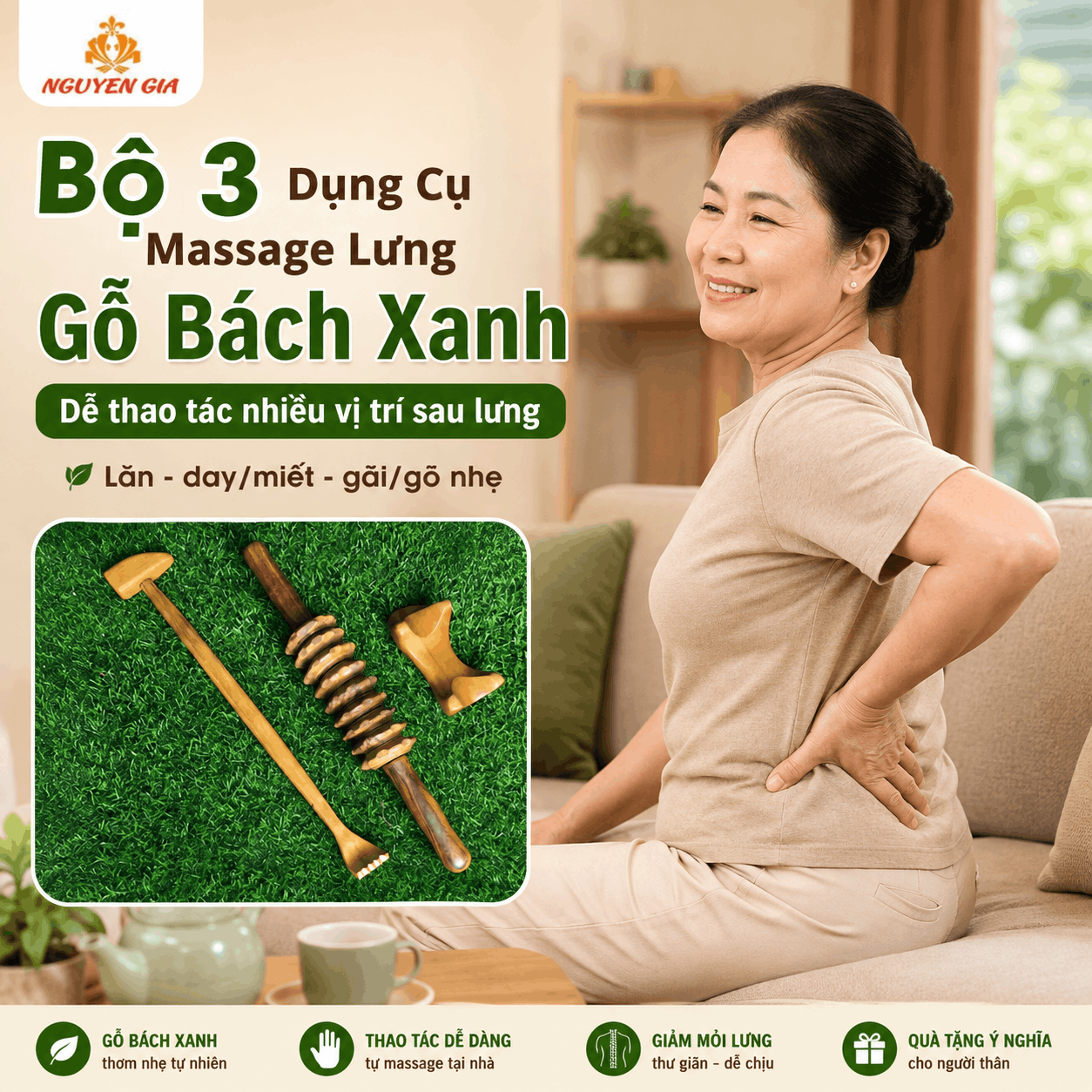 Bộ 3 Dụng Cụ Massage Lưng Gỗ Bách Xanh - Dễ Thao Tác Nhiều Vị Trí Sau Lưng