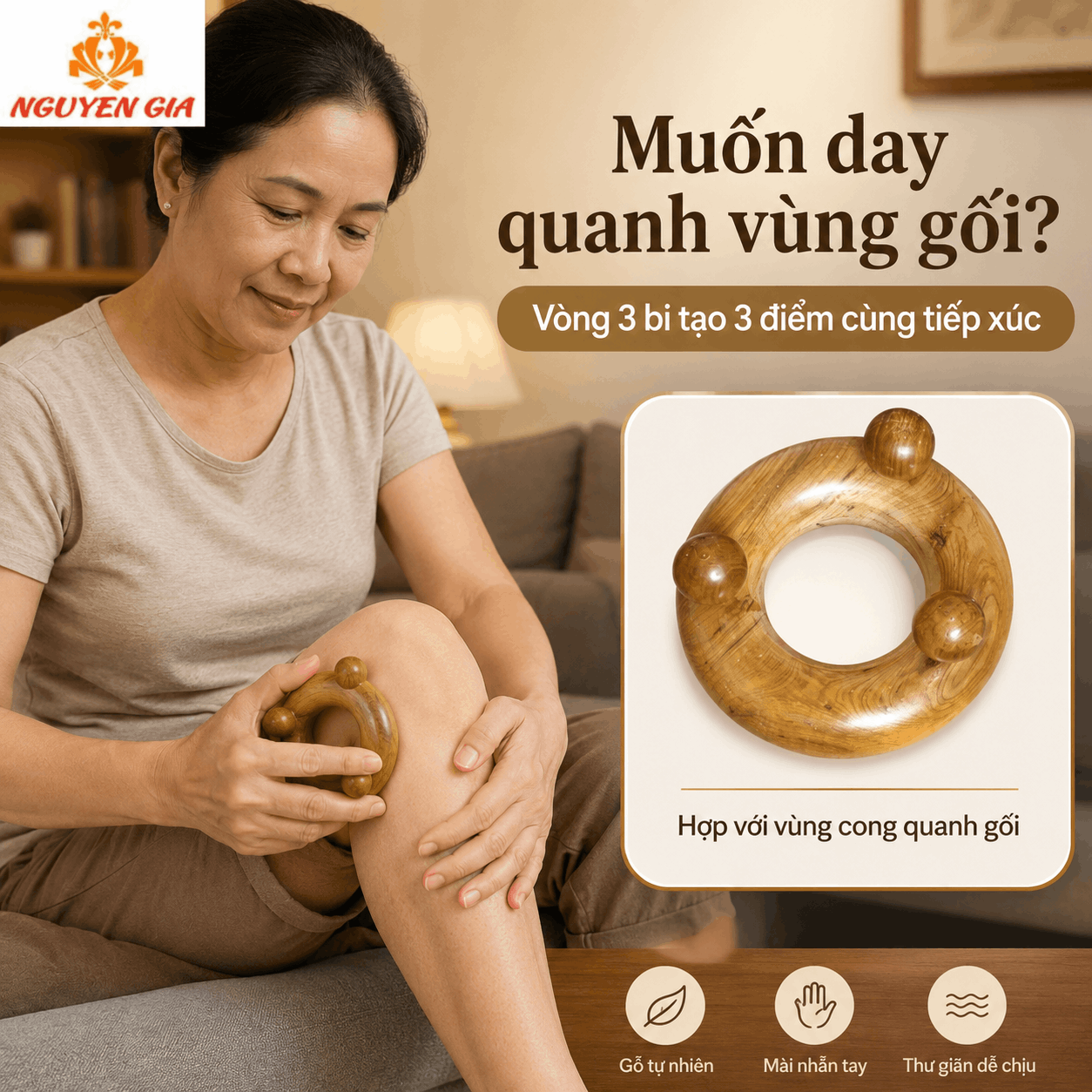 Bộ 3 Dụng Cụ Massage Vùng Gối Gỗ Bách Xanh - Dùng Quanh Gối, Đùi Và Bắp Chân