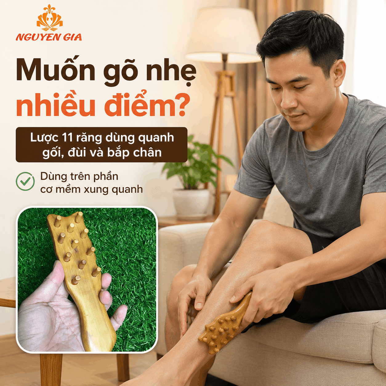 Bộ 3 Dụng Cụ Massage Vùng Gối Gỗ Bách Xanh - Dùng Quanh Gối, Đùi Và Bắp Chân