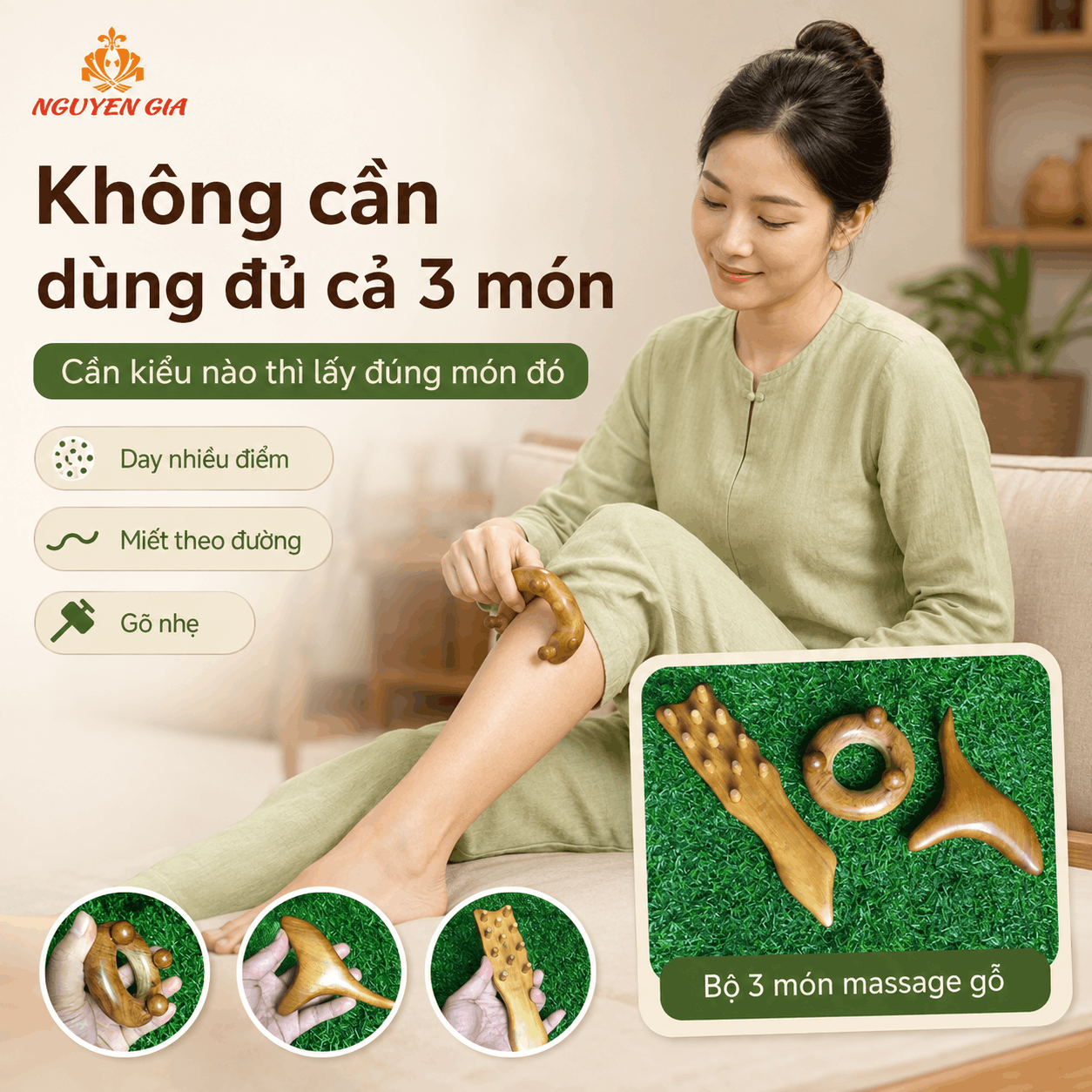 Bộ 3 Dụng Cụ Massage Vùng Gối Gỗ Bách Xanh - Dùng Quanh Gối, Đùi Và Bắp Chân