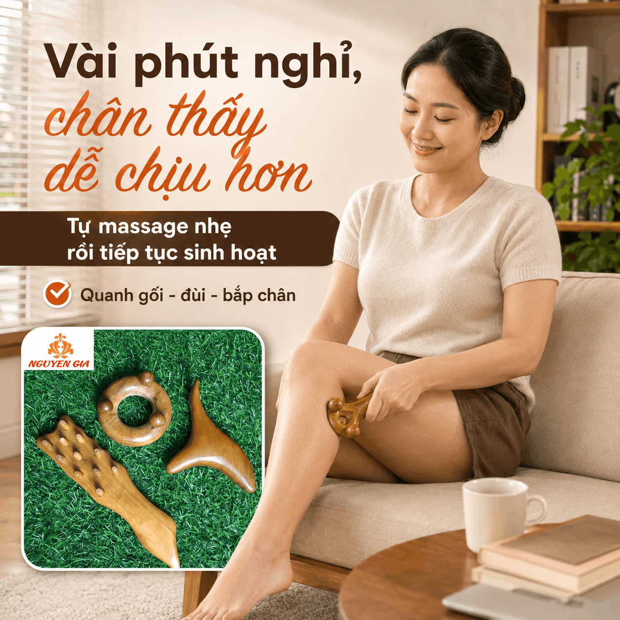 Bộ 3 Dụng Cụ Massage Vùng Gối Gỗ Bách Xanh - Dùng Quanh Gối, Đùi Và Bắp Chân