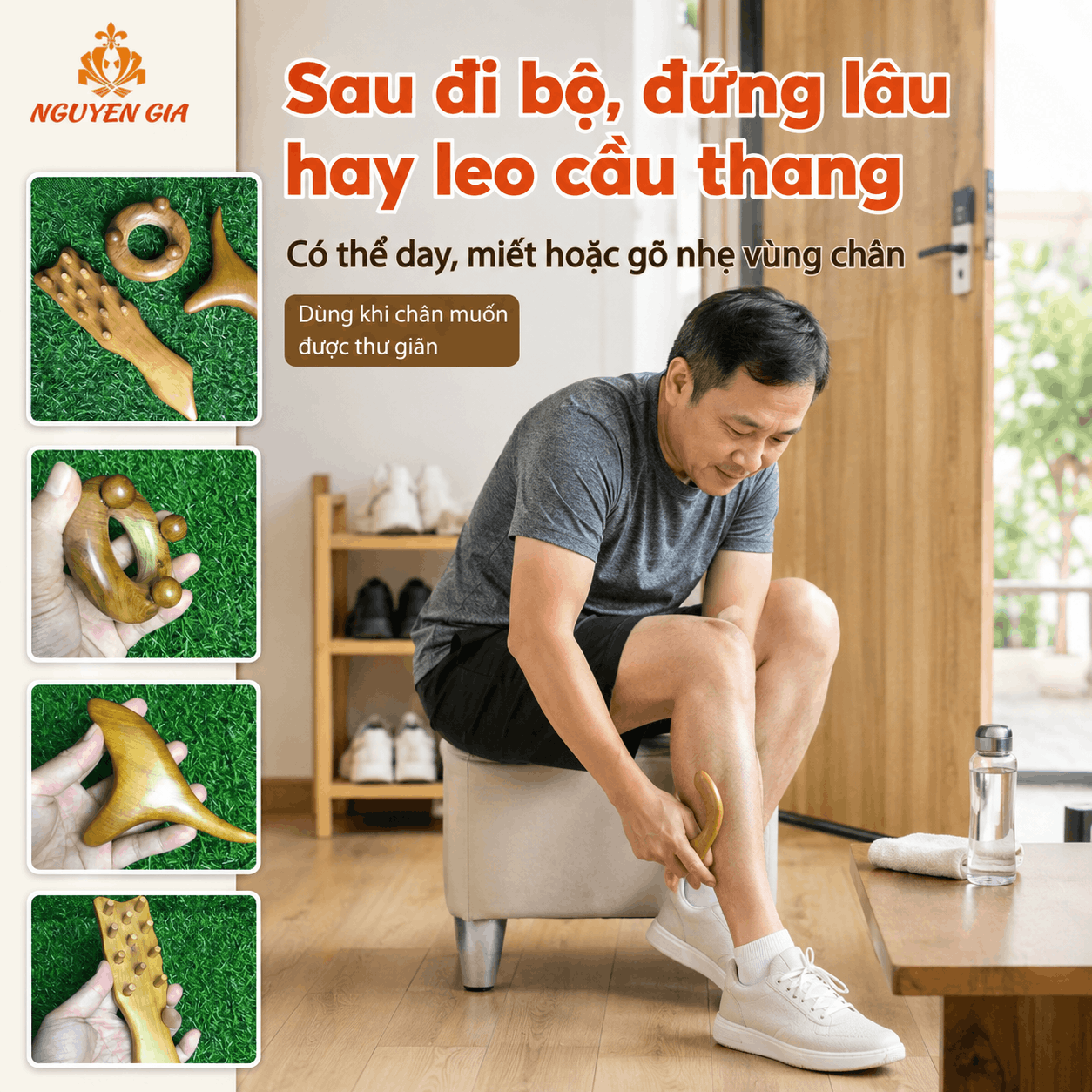 Bộ 3 Dụng Cụ Massage Vùng Gối Gỗ Bách Xanh - Dùng Quanh Gối, Đùi Và Bắp Chân