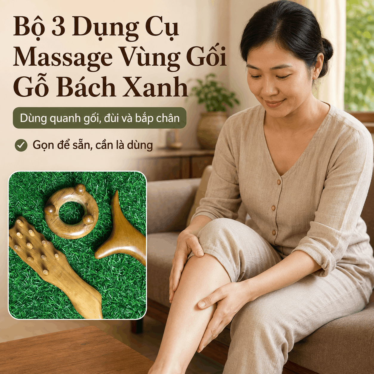 Bộ 3 Dụng Cụ Massage Vùng Gối Gỗ Bách Xanh - Dùng Quanh Gối, Đùi Và Bắp Chân