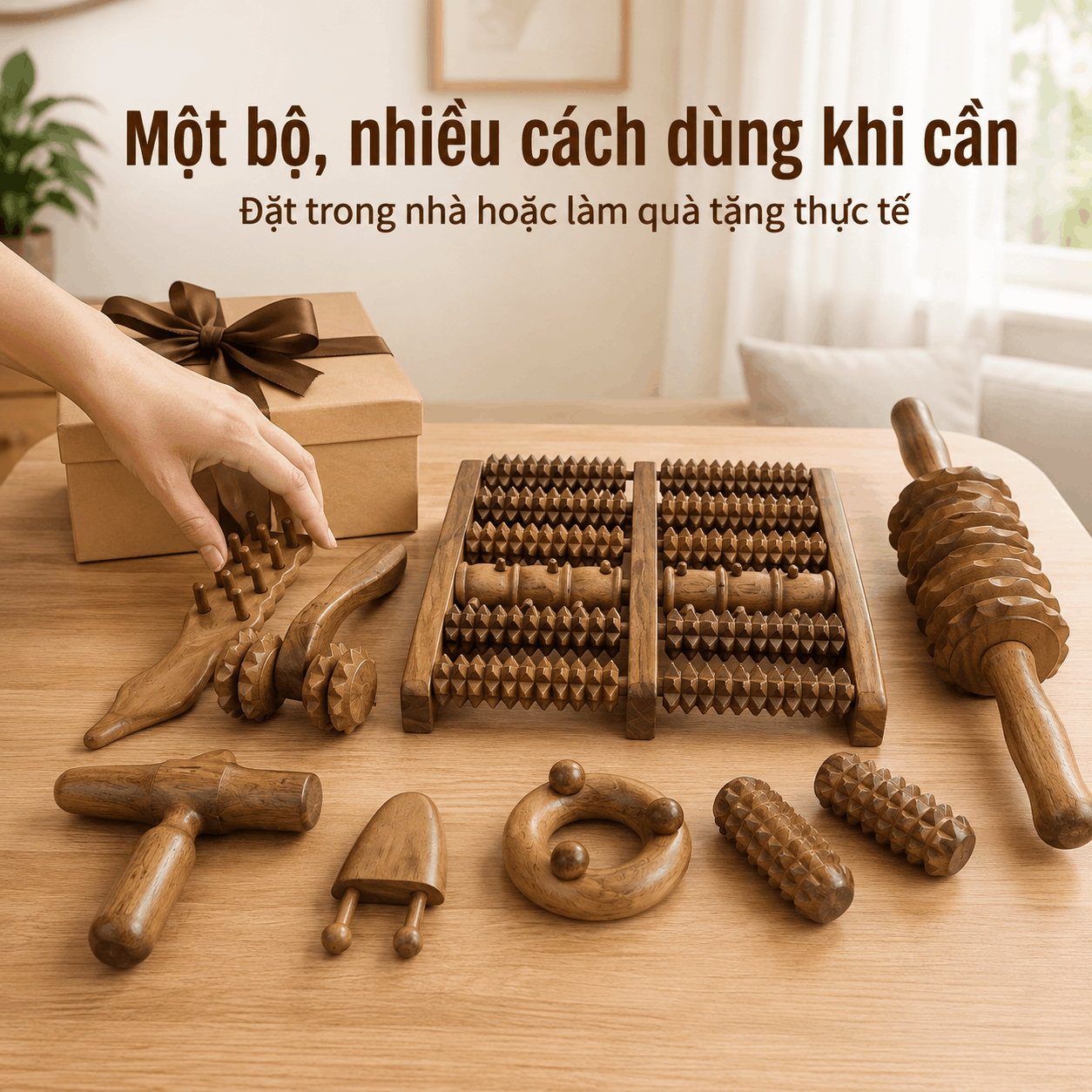 Bộ 8 Dụng Cụ Massage Gỗ Bách Xanh - Có Bàn Massage Chân, Dùng Nhiều Vùng