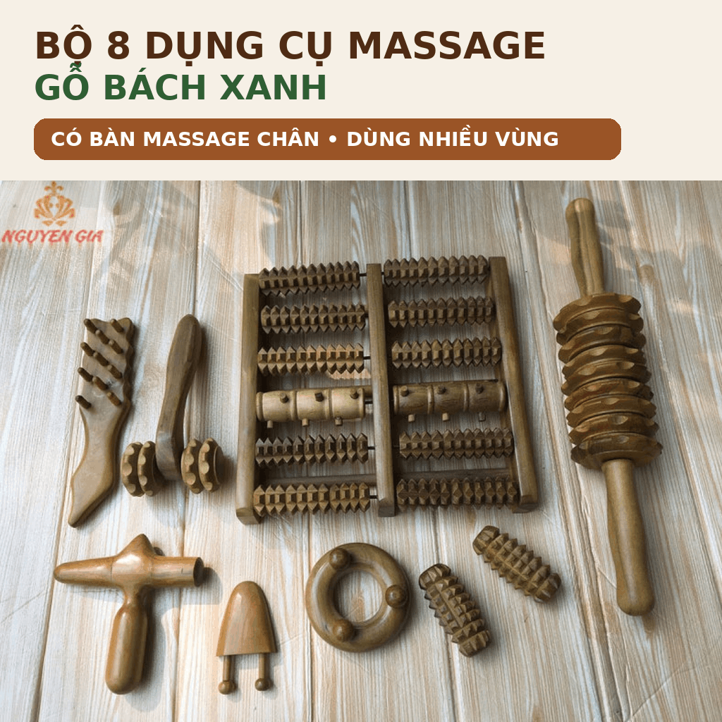 Bộ 8 Dụng Cụ Massage Gỗ Bách Xanh - Có Bàn Massage Chân, Dùng Nhiều Vùng