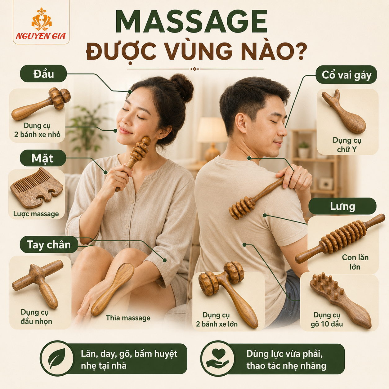 Bộ Dụng Cụ Massage Bằng Gỗ Bách Xanh 8 Món – Lăn Day Cổ Vai Gáy, Mặt, Lưng