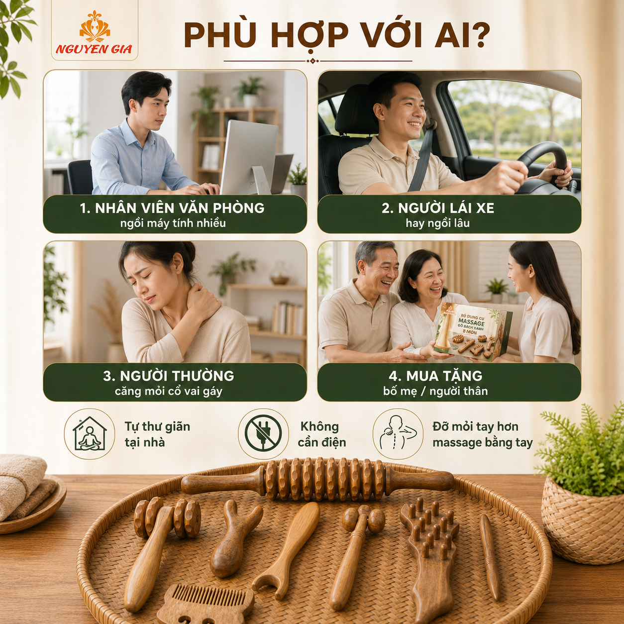 Bộ Dụng Cụ Massage Bằng Gỗ Bách Xanh 8 Món – Lăn Day Cổ Vai Gáy, Mặt, Lưng