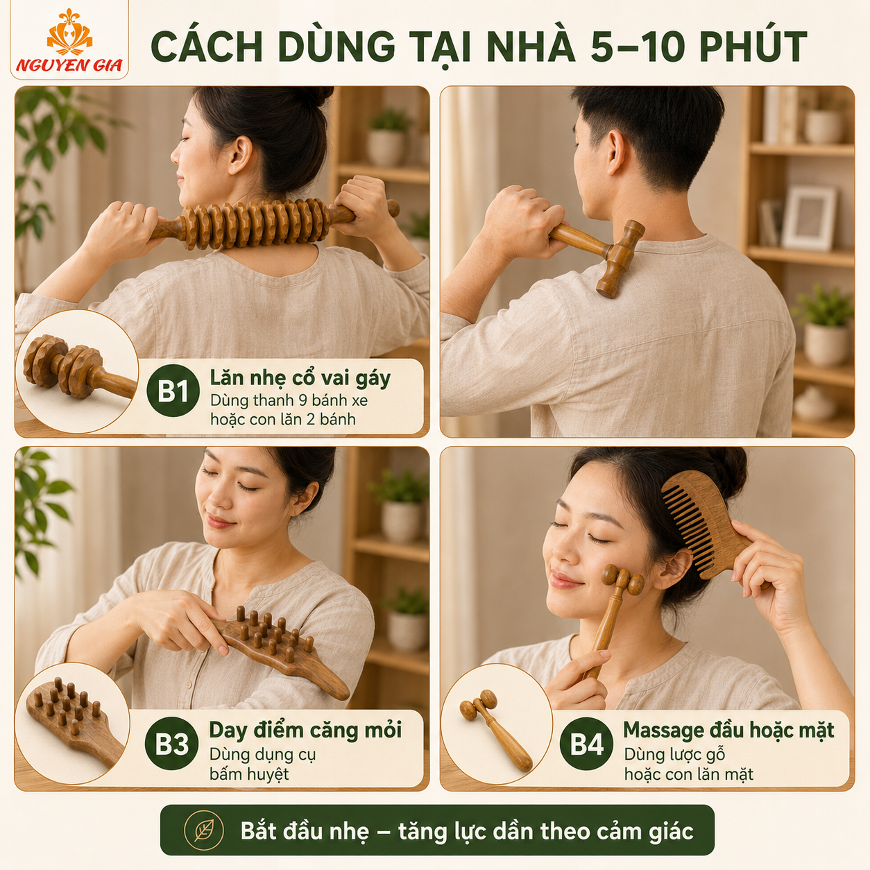 Bộ Dụng Cụ Massage Bằng Gỗ Bách Xanh 8 Món – Lăn Day Cổ Vai Gáy, Mặt, Lưng