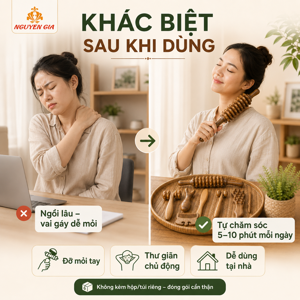 Bộ Dụng Cụ Massage Bằng Gỗ Bách Xanh 8 Món – Lăn Day Cổ Vai Gáy, Mặt, Lưng