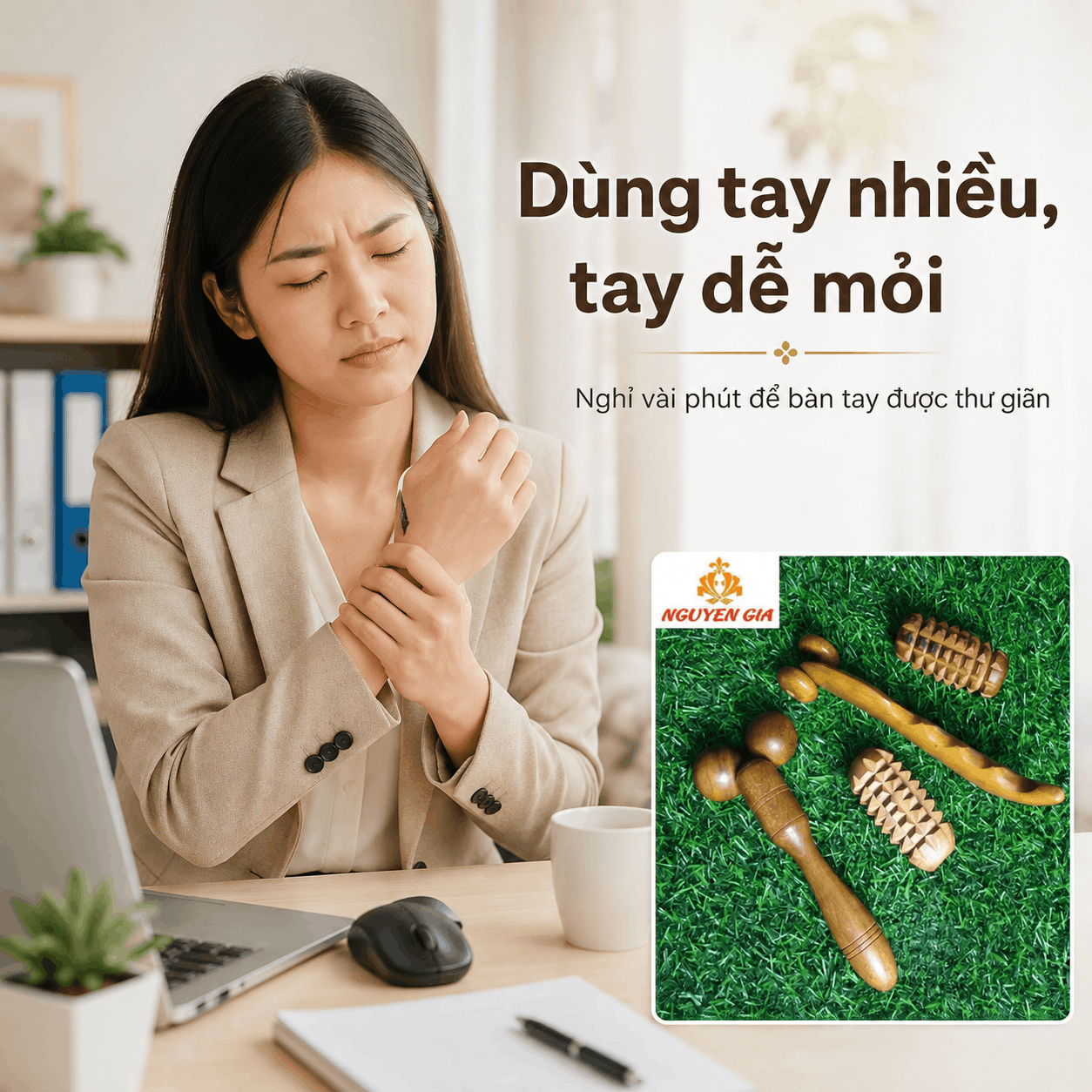 Bộ Dụng Cụ Massage Tay Gỗ Bách Xanh - Cho Người Dùng Tay Nhiều