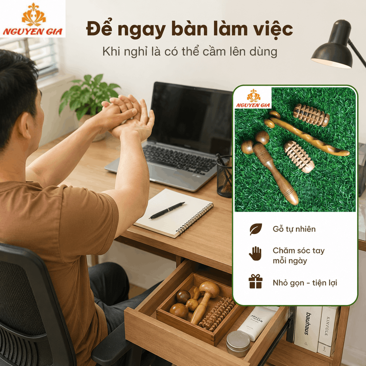 Bộ Dụng Cụ Massage Tay Gỗ Bách Xanh - Cho Người Dùng Tay Nhiều