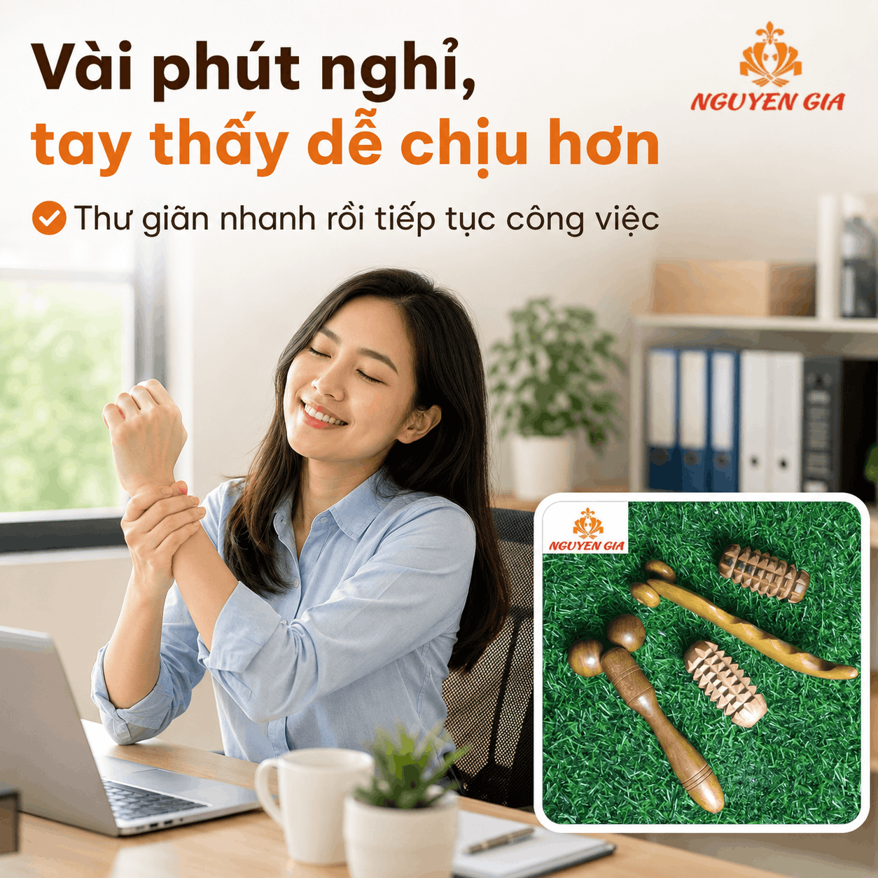 Bộ Dụng Cụ Massage Tay Gỗ Bách Xanh - Cho Người Dùng Tay Nhiều