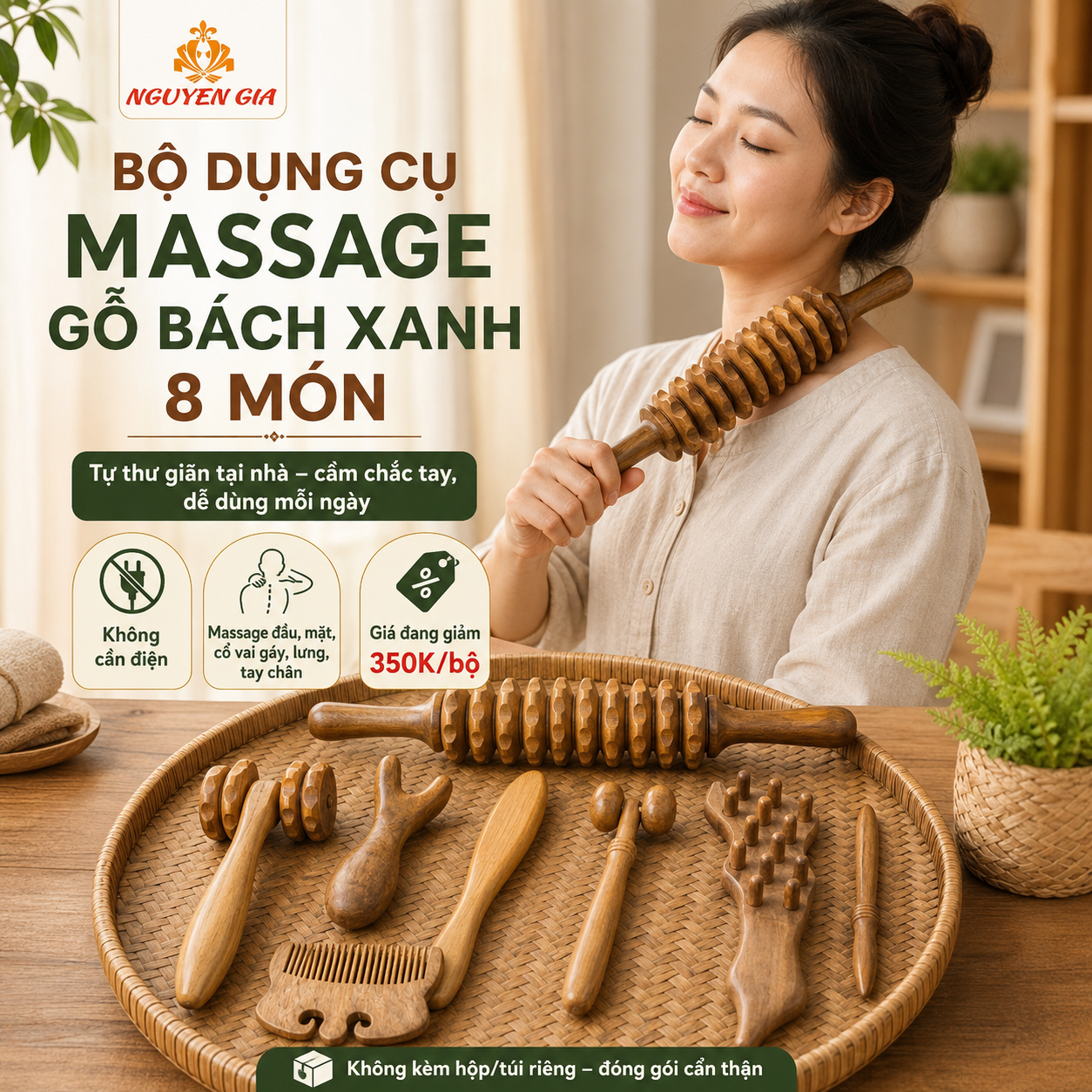 Bộ Dụng Cụ Massage Bằng Gỗ Bách Xanh 8 Món – Lăn Day Cổ Vai Gáy, Mặt, Lưng
