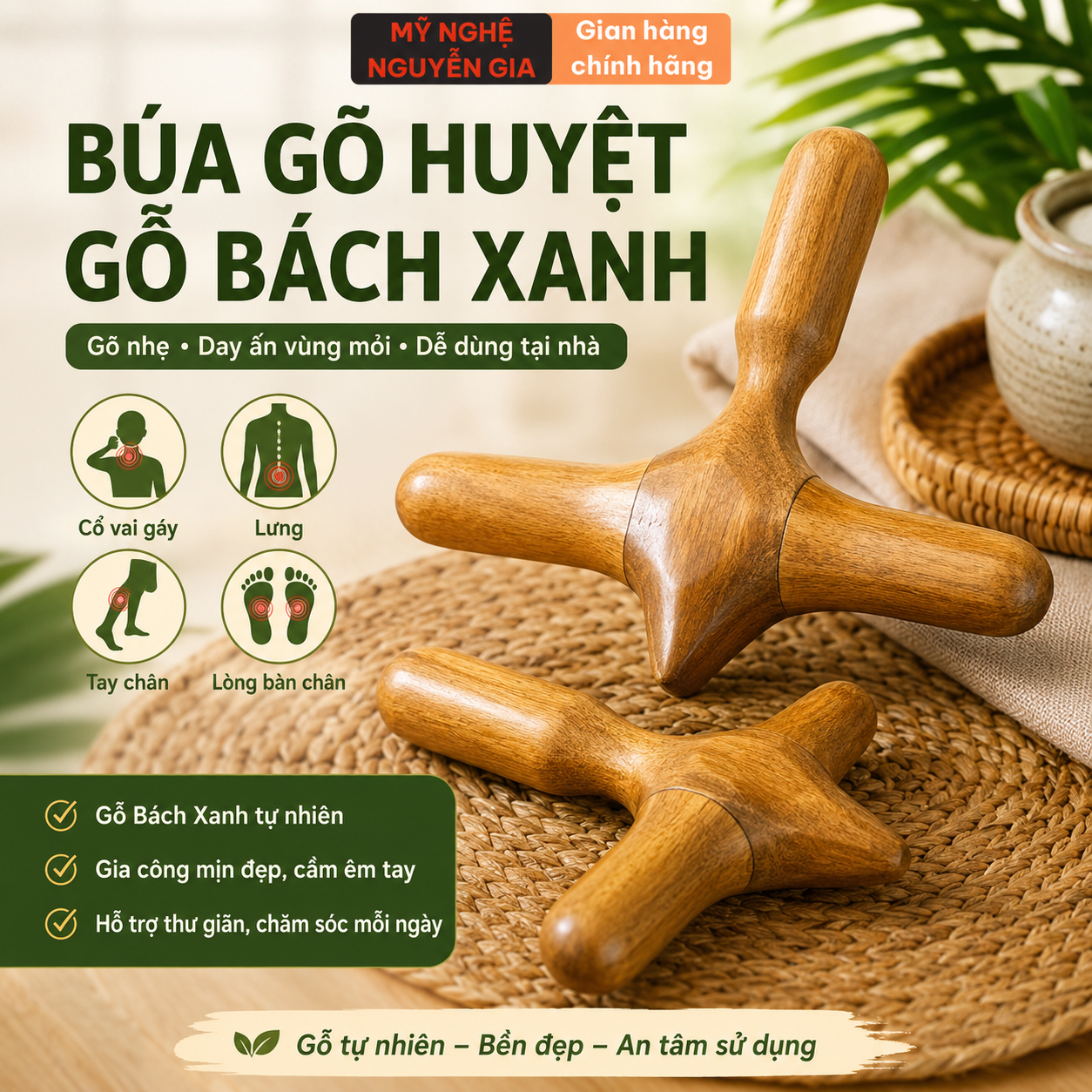Búa Gõ Huyệt Gỗ Bách Xanh – Dụng Cụ Day Ấn, Gõ Nhẹ Vùng Đau Mỏi