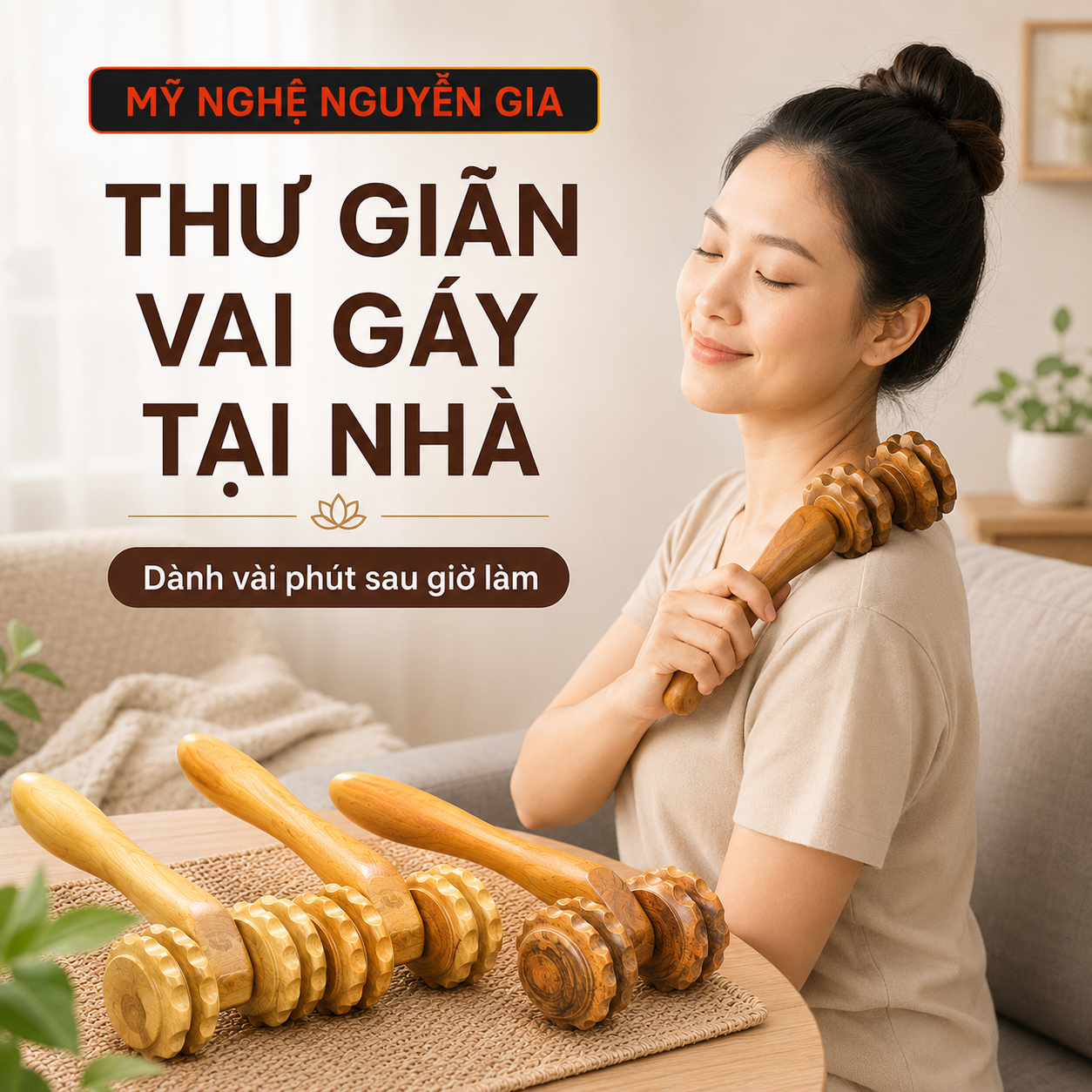 Cây Lăn Massage Bằng Gỗ Bách Xanh 2 Bánh – Lăn Lưng, Vai, Tay Chân