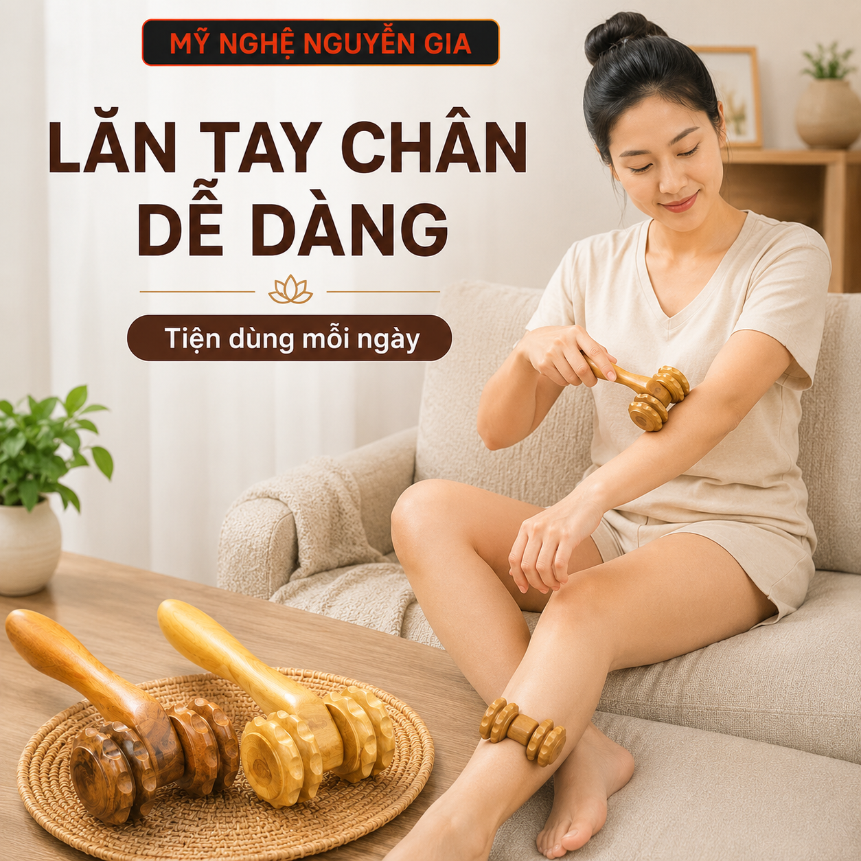 Cây Lăn Massage Bằng Gỗ Bách Xanh 2 Bánh – Lăn Lưng, Vai, Tay Chân