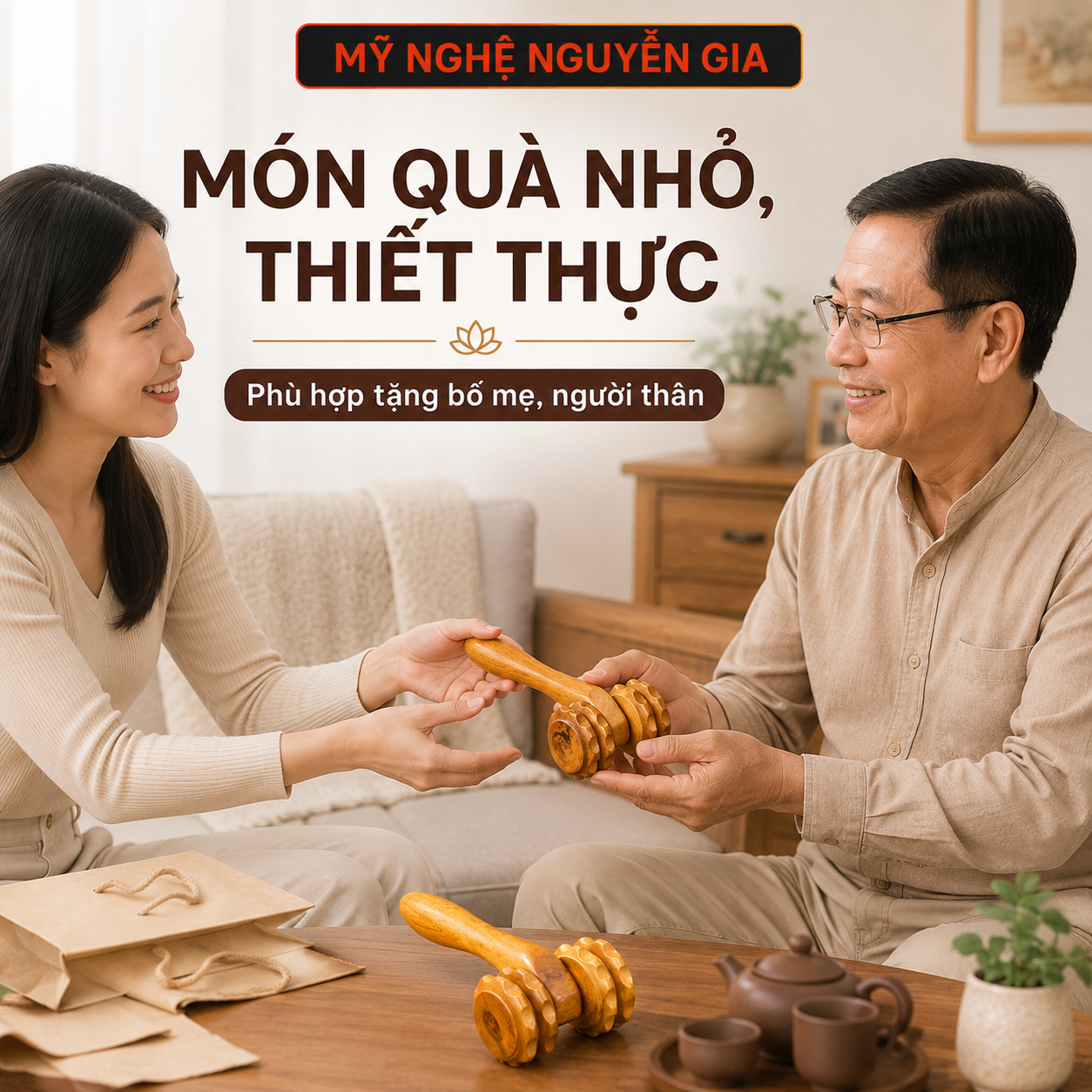 Cây Lăn Massage Bằng Gỗ Bách Xanh 2 Bánh – Lăn Lưng, Vai, Tay Chân