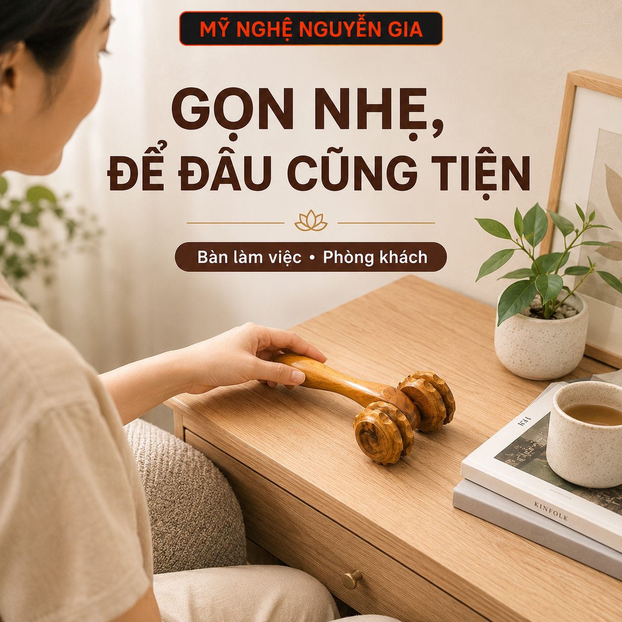 Cây Lăn Massage Bằng Gỗ Bách Xanh 2 Bánh – Lăn Lưng, Vai, Tay Chân