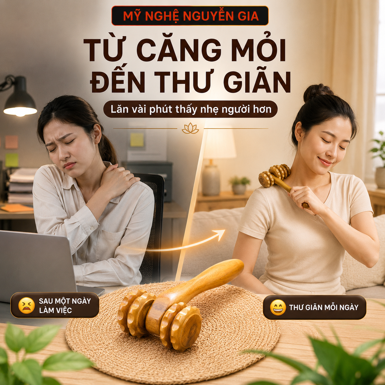 Cây Lăn Massage Bằng Gỗ Bách Xanh 2 Bánh – Lăn Lưng, Vai, Tay Chân