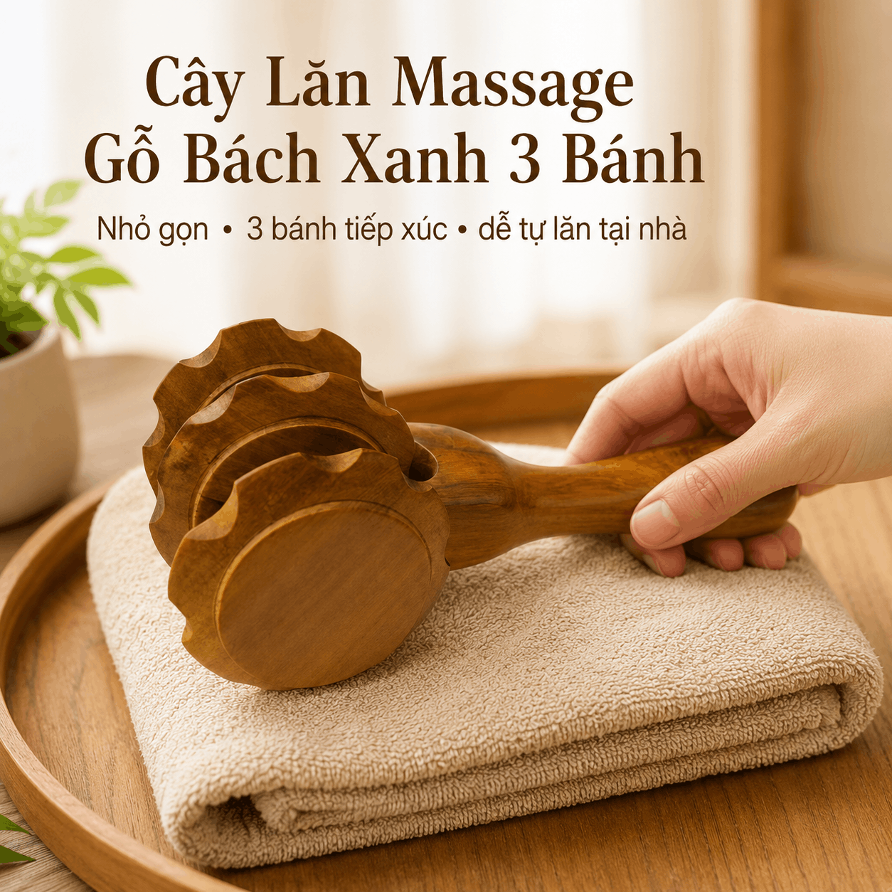 Cây Lăn Massage Bằng Gỗ Bách Xanh 3 Bánh
