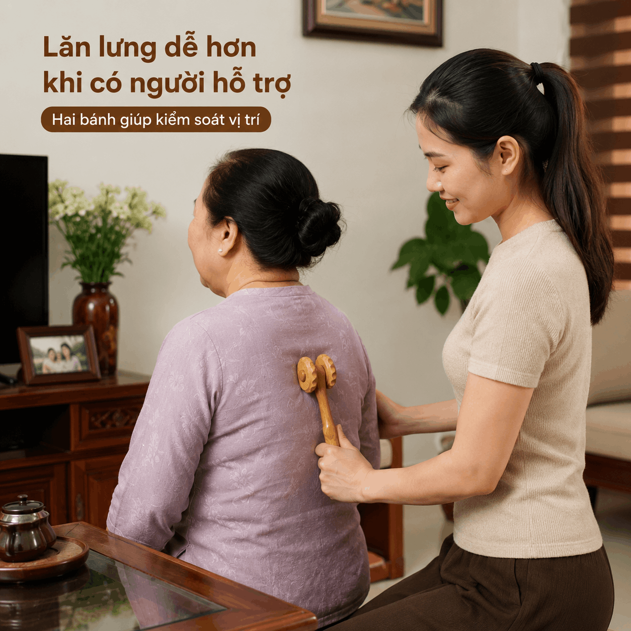 Cây Lăn Massage Bằng Gỗ Bách Xanh 2 Bánh