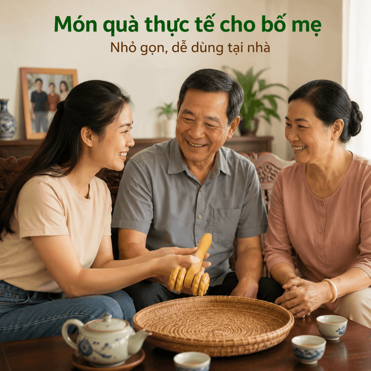 Cây Lăn Massage Bằng Gỗ Bách Xanh 2 Bánh