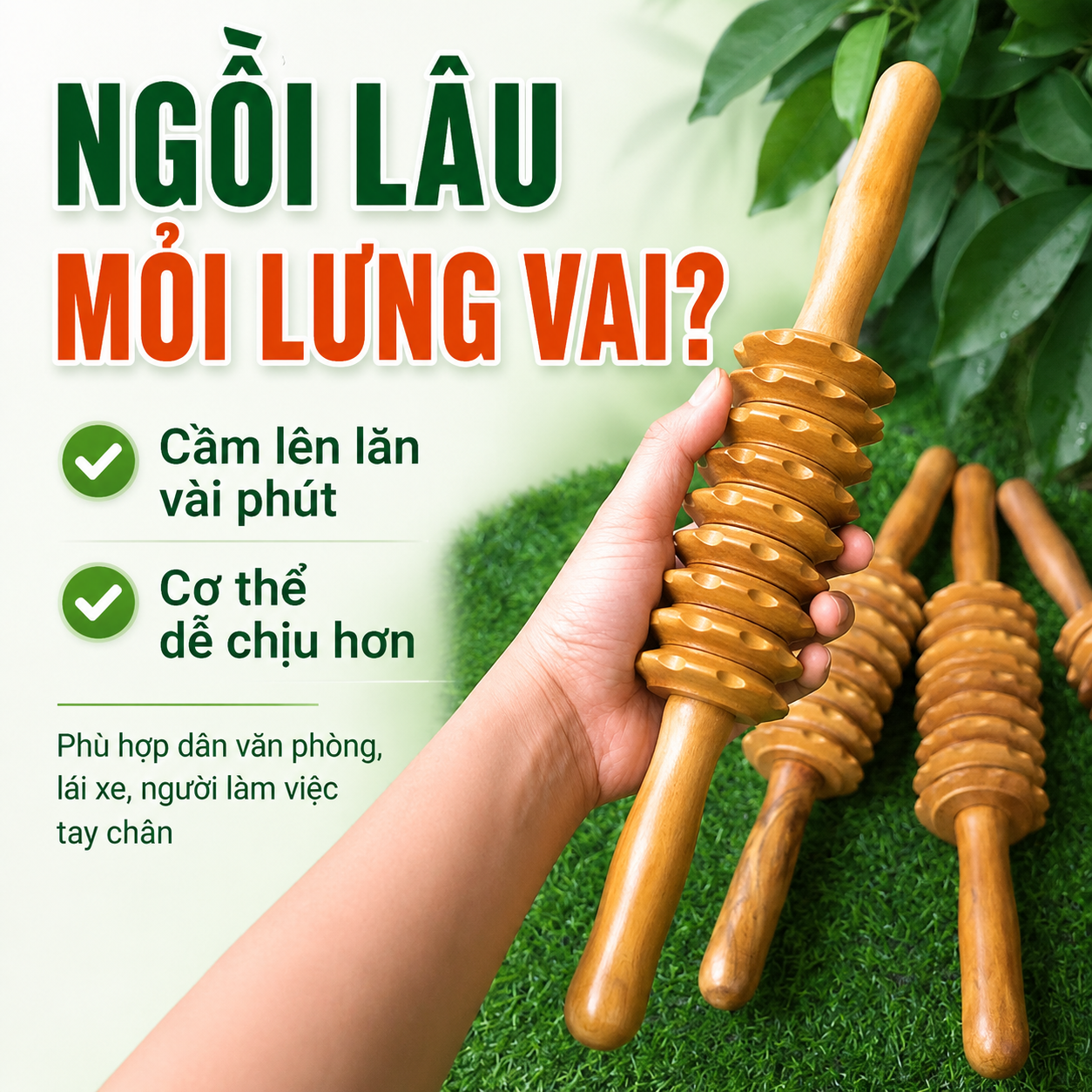 Cây Lăn Massage Lưng 3D Gỗ Bách Xanh 9 Bánh – Cầm Tay Dễ Dùng