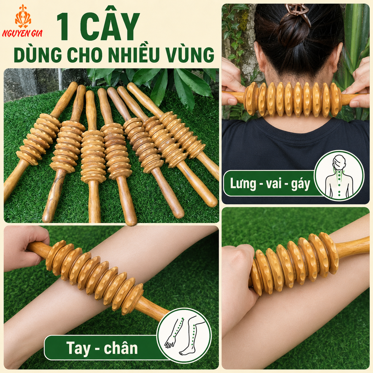 Cây Lăn Massage Lưng 3D Gỗ Bách Xanh 9 Bánh – Cầm Tay Dễ Dùng