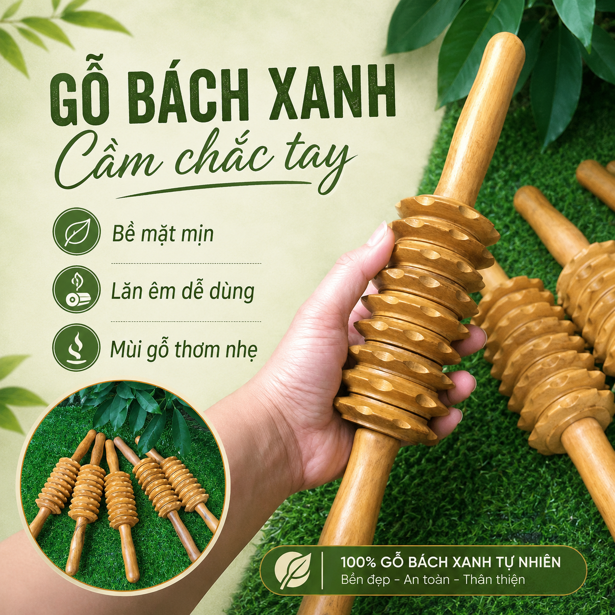 Cây Lăn Massage Lưng 3D Gỗ Bách Xanh 9 Bánh – Cầm Tay Dễ Dùng