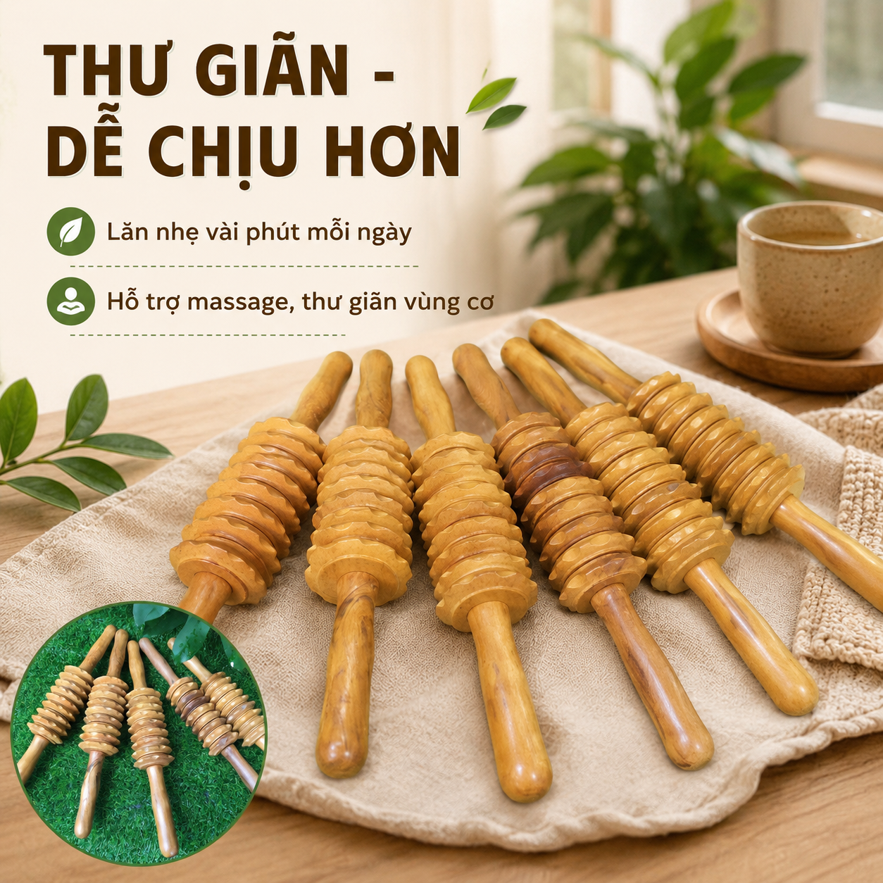 Cây Lăn Massage Lưng 3D Gỗ Bách Xanh 9 Bánh – Cầm Tay Dễ Dùng