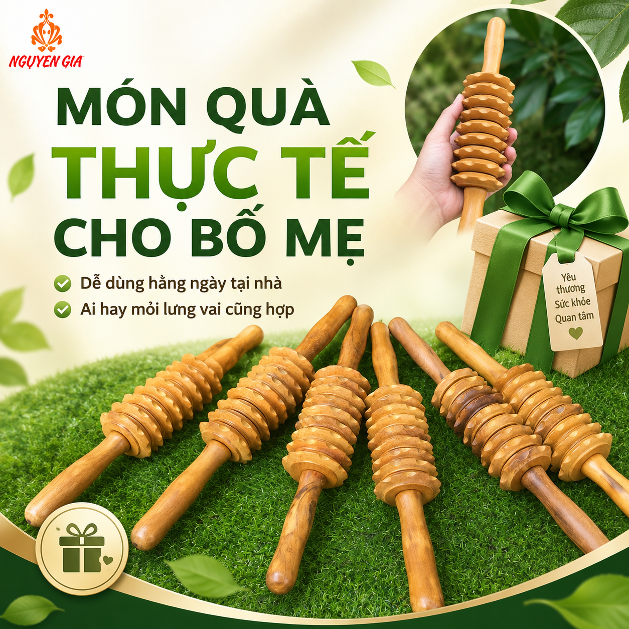 Cây Lăn Massage Lưng 3D Gỗ Bách Xanh 9 Bánh – Cầm Tay Dễ Dùng
