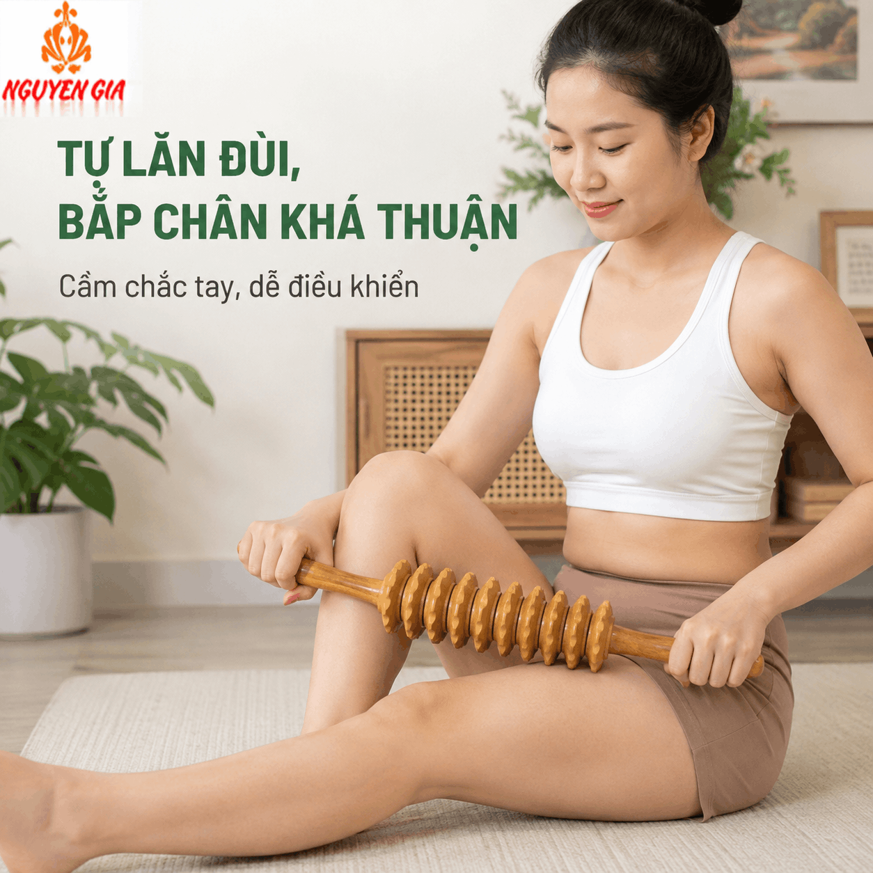 Cây Lăn Massage Lưng Gỗ Bách Xanh 9 Bánh