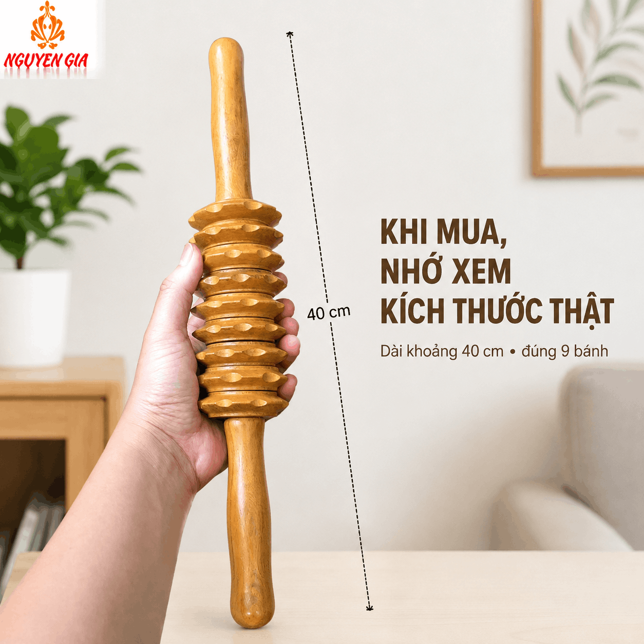 Cây Lăn Massage Lưng Gỗ Bách Xanh 9 Bánh