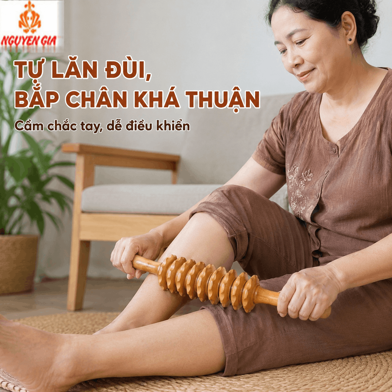 Cây Lăn Massage Lưng Gỗ Bách Xanh 9 Bánh