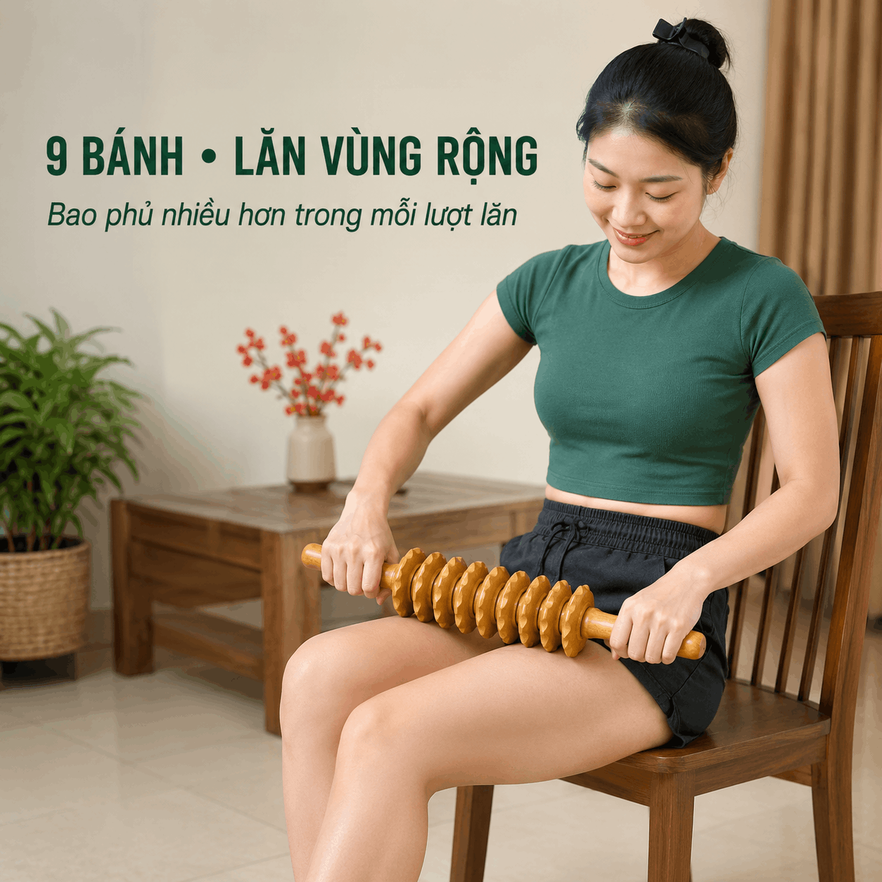 Cây Lăn Massage Lưng Gỗ Bách Xanh 9 Bánh