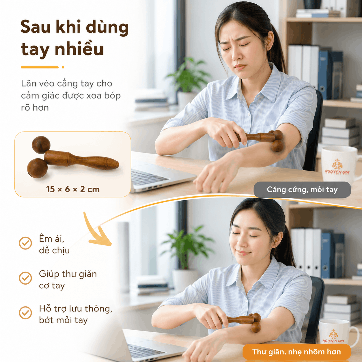Cây Massage Véo Gỗ Bách Xanh - 2 Bánh Lăn Kéo Véo Vùng Cơ Mềm