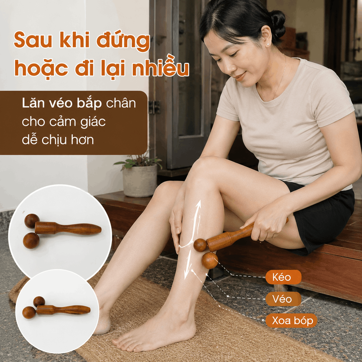 Cây Massage Véo Gỗ Bách Xanh - 2 Bánh Lăn Kéo Véo Vùng Cơ Mềm