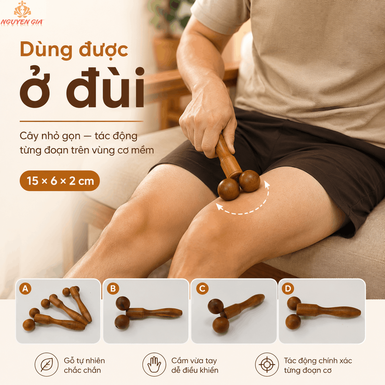 Cây Massage Véo Gỗ Bách Xanh - 2 Bánh Lăn Kéo Véo Vùng Cơ Mềm