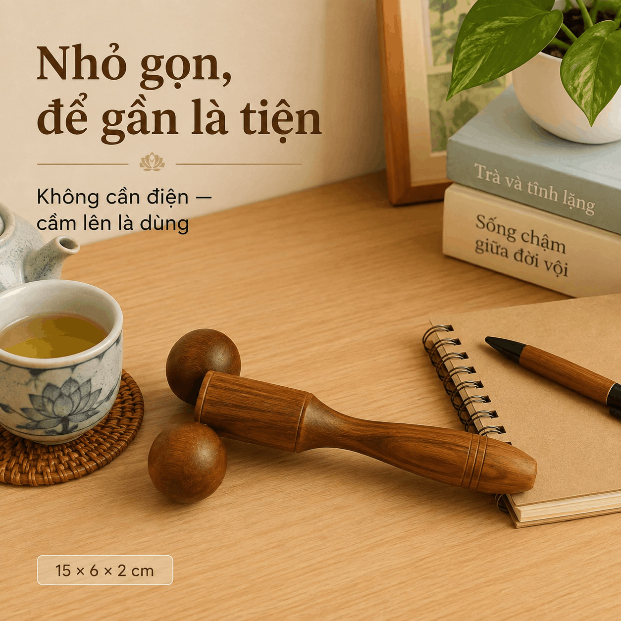 Cây Massage Véo Gỗ Bách Xanh - 2 Bánh Lăn Kéo Véo Vùng Cơ Mềm