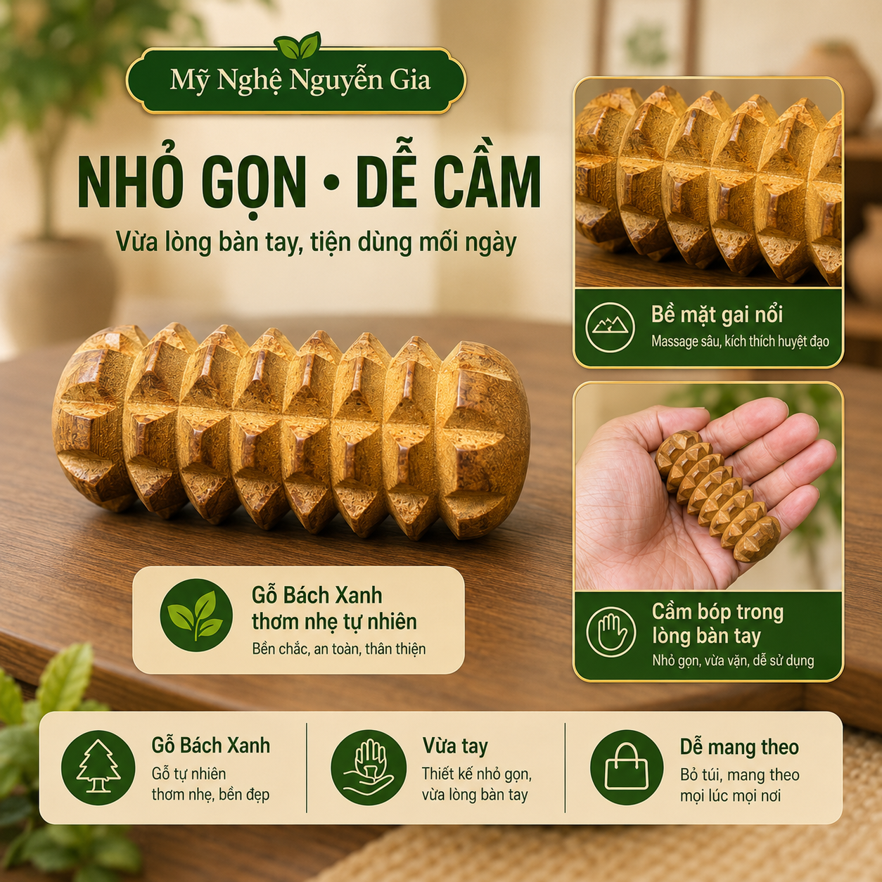 Dụng Cụ Massage Huyệt Đạo Lòng Bàn Tay Gỗ Bách Xanh Hình Quả Thông