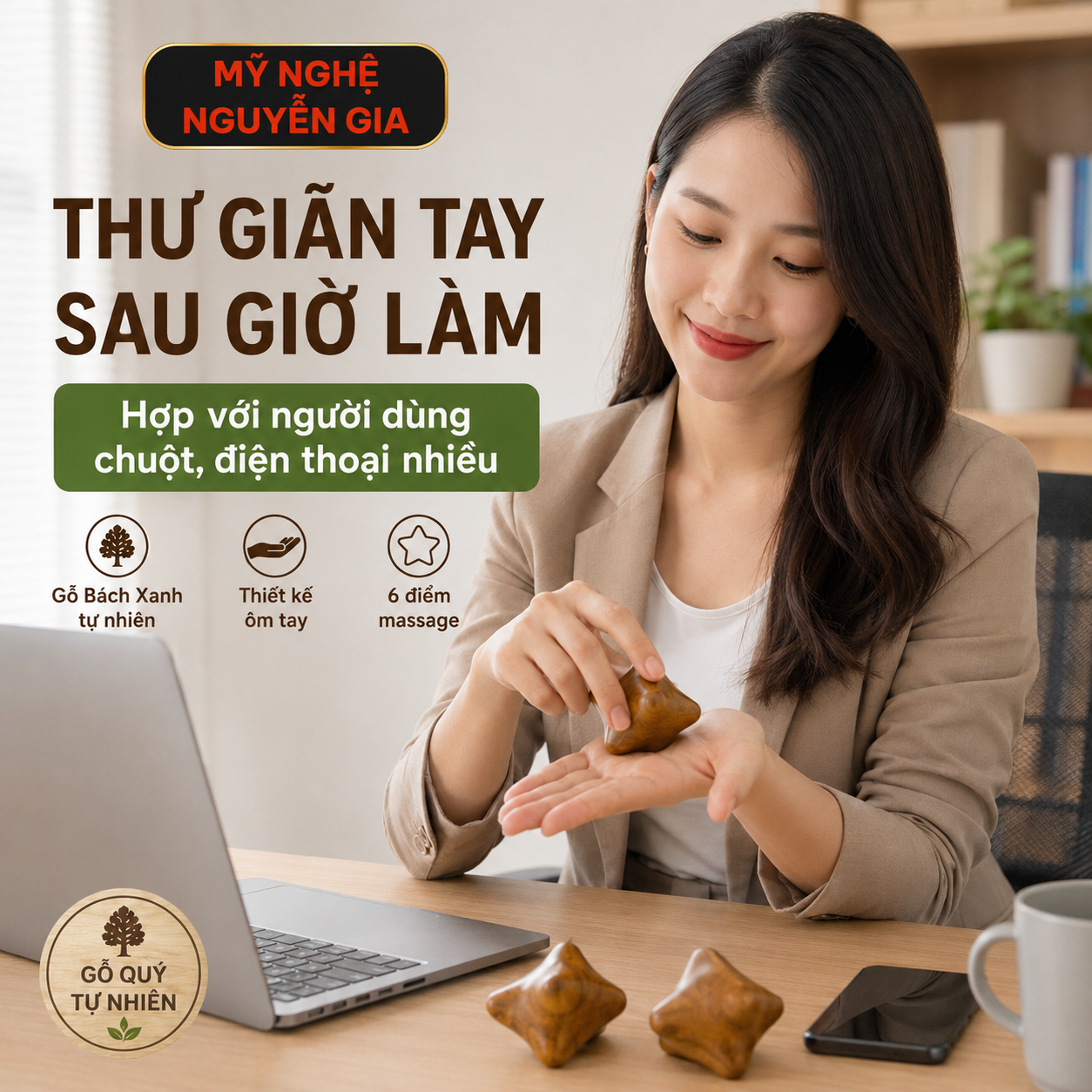 Dụng Cụ Massage Lòng Bàn Tay Gỗ Bách Xanh 6 Điểm