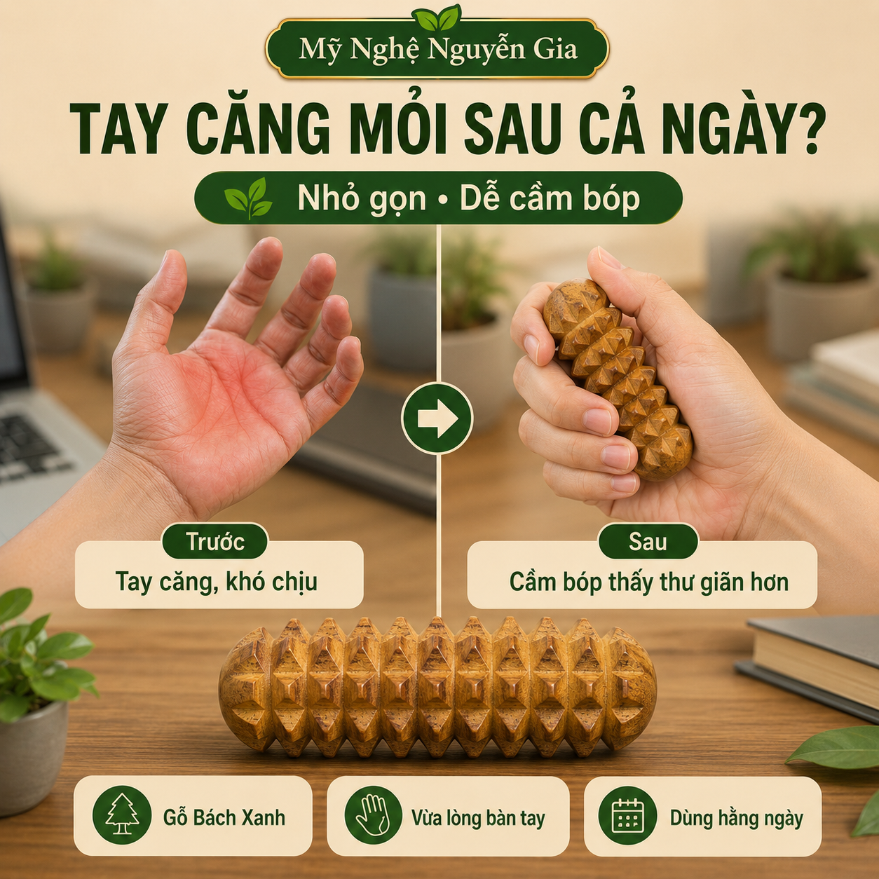 Dụng Cụ Massage Huyệt Đạo Lòng Bàn Tay Gỗ Bách Xanh Hình Quả Thông