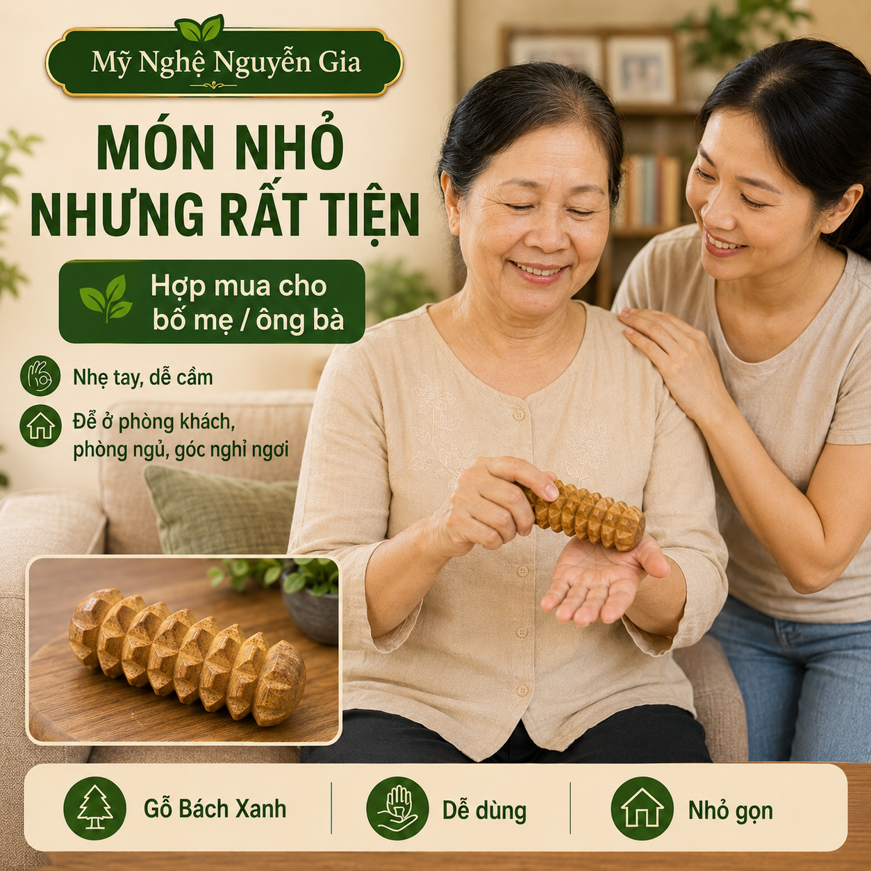 Dụng Cụ Massage Huyệt Đạo Lòng Bàn Tay Gỗ Bách Xanh Hình Quả Thông