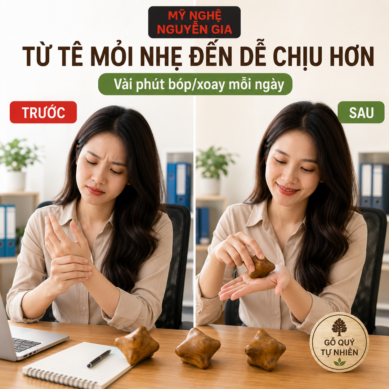 Dụng Cụ Massage Lòng Bàn Tay Gỗ Bách Xanh 6 Điểm